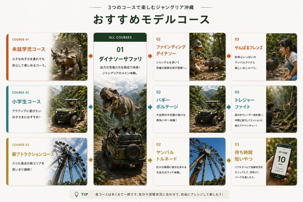 ジャングリア沖縄のおすすめモデルコース図解|未就学児・小学生・新アトラクション別の回り方